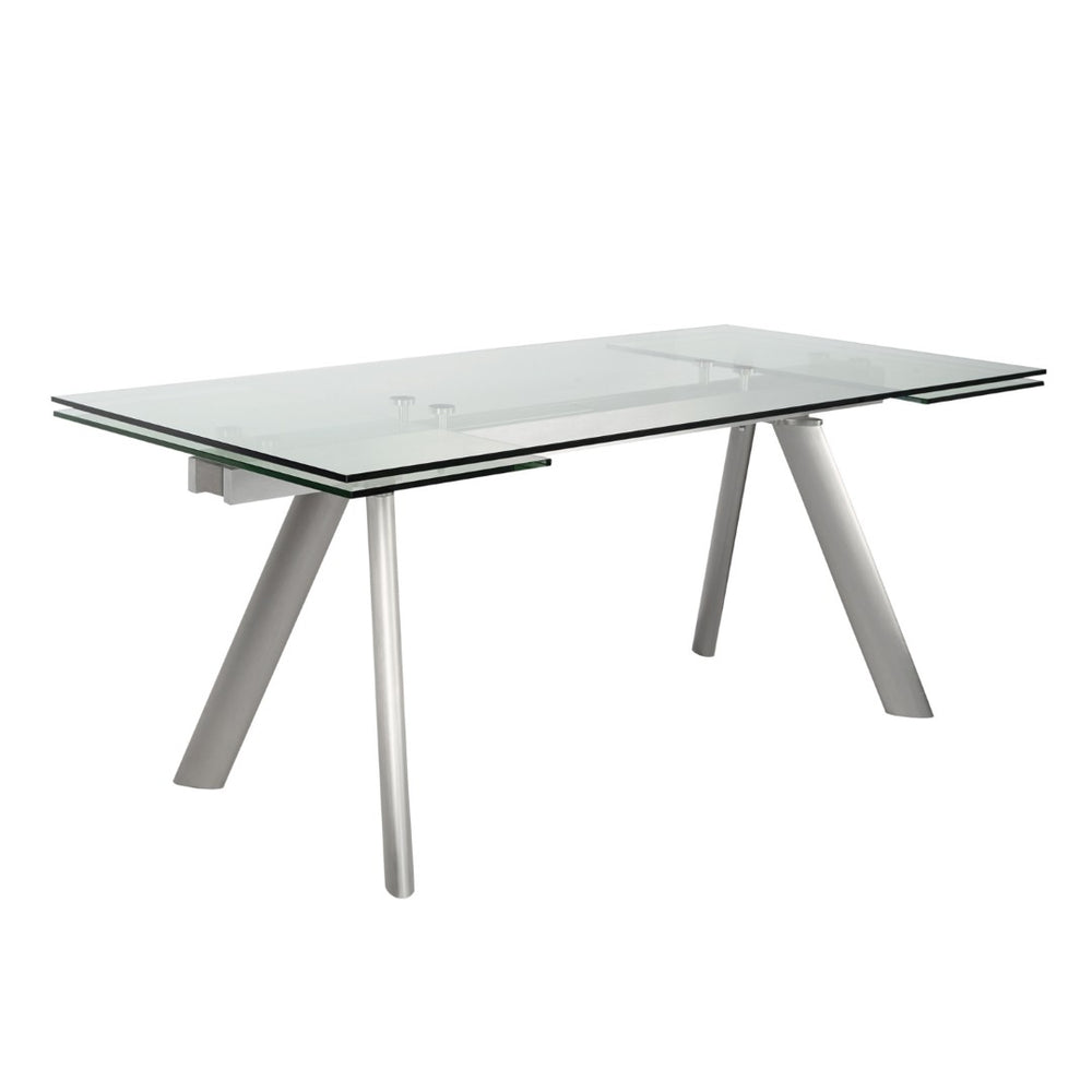 HomeRoots 103" Modern Extendable Dining Table with Clear Glass Top & Silver Steel Base - Seats 10 Comfortably! 654236