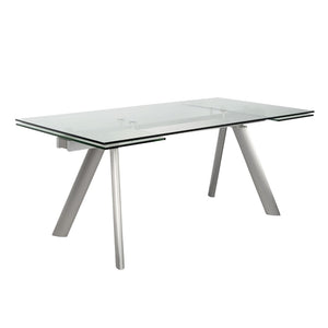 HomeRoots 103" Modern Extendable Dining Table with Clear Glass Top & Silver Steel Base - Seats 10 Comfortably! 654236