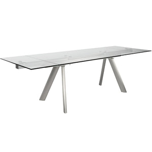 HomeRoots 103" Modern Extendable Dining Table with Clear Glass Top & Silver Steel Base - Seats 10 Comfortably! 654236