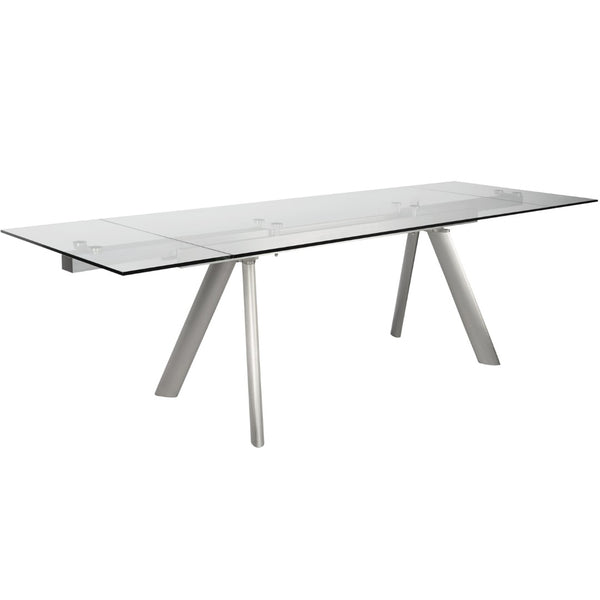 HomeRoots 103" Modern Extendable Dining Table with Clear Glass Top & Silver Steel Base - Seats 10 Comfortably! 654236