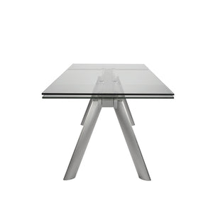 HomeRoots 103" Modern Extendable Dining Table with Clear Glass Top & Silver Steel Base - Seats 10 Comfortably! 654236