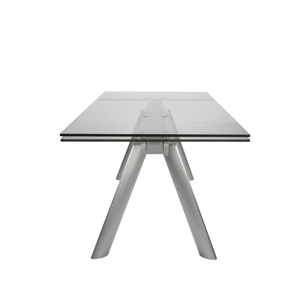 HomeRoots 103" Modern Extendable Dining Table with Clear Glass Top & Silver Steel Base - Seats 10 Comfortably! 654236
