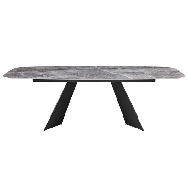 HomeRoots 94" Gray and Black Faux Marble Dining Table – Stylish Double Pedestal Design for 8, Durable & Chic! 654237