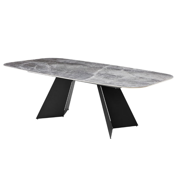 HomeRoots 94" Gray and Black Faux Marble Dining Table – Stylish Double Pedestal Design for 8, Durable & Chic! 654237