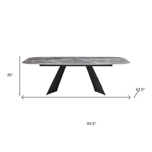 HomeRoots 94" Gray and Black Faux Marble Dining Table – Stylish Double Pedestal Design for 8, Durable & Chic! 654237