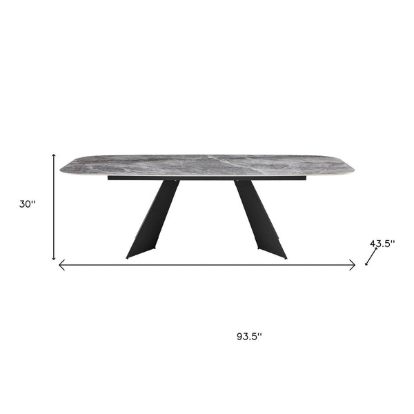 HomeRoots 94" Gray and Black Faux Marble Dining Table – Stylish Double Pedestal Design for 8, Durable & Chic! 654237
