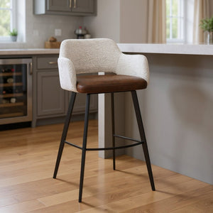 HomeRoots 30" Modern Swivel Bar Chair in Ivory Brown Boucle & Faux Leather - Stylish Comfort for Any Space 654240
