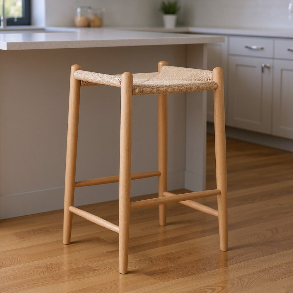 HomeRoots 27" Natural Rush Backless Bar Chair - Solid Wood, Stylish Comfort for Kitchen & Home Bar Décor 654242