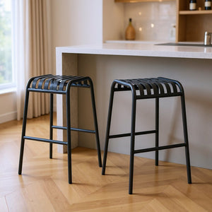 HomeRoots Set of Two 30" Dark Blue Backless Bar Stools - Modern Steel Chairs for Indoor & Outdoor Spaces 654243