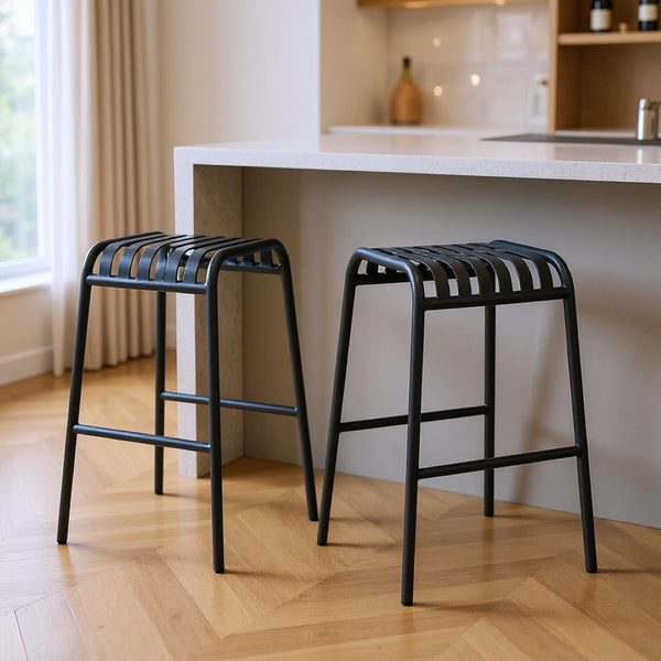 HomeRoots Set of Two 30" Dark Blue Backless Bar Stools - Modern Steel Chairs for Indoor & Outdoor Spaces 654243