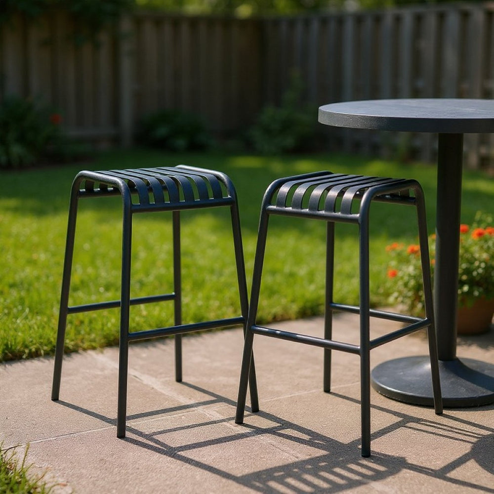 HomeRoots Set of Two 30" Dark Blue Backless Bar Stools - Modern Steel Chairs for Indoor & Outdoor Spaces 654243