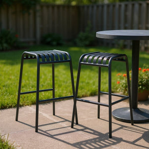 HomeRoots Set of Two 30" Dark Blue Backless Bar Stools - Modern Steel Chairs for Indoor & Outdoor Spaces 654243