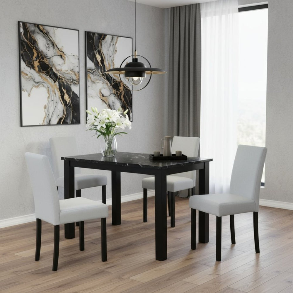 HomeRoots Five-Piece Black Faux Marble Dining Set: Modern Elegance with Comfortable Chairs for Every Occasion 654249