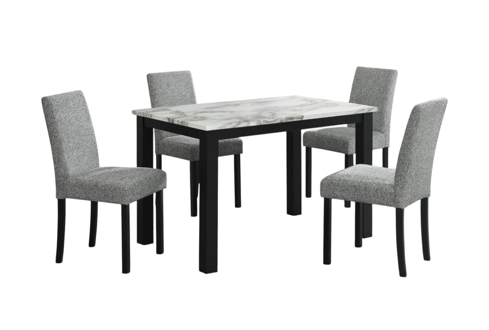 HomeRoots Five-Piece White Faux Marble Dining Set with Black Base & Four Ergonomic Chairs for Comfort 654250