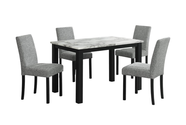 HomeRoots Five-Piece White Faux Marble Dining Set with Black Base & Four Ergonomic Chairs for Comfort 654250