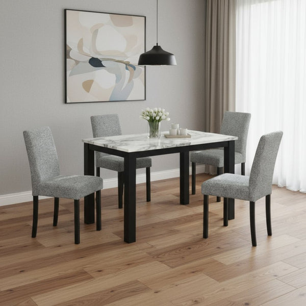 HomeRoots Five-Piece White Faux Marble Dining Set with Black Base & Four Ergonomic Chairs for Comfort 654250