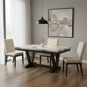 HomeRoots 72" Elegant White Faux Marble Dining Table with Black Wood Trestle Base - Seats 6, Modern Design 654252