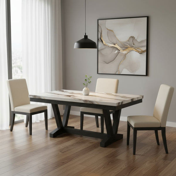 HomeRoots 72" Elegant White Faux Marble Dining Table with Black Wood Trestle Base - Seats 6, Modern Design 654252
