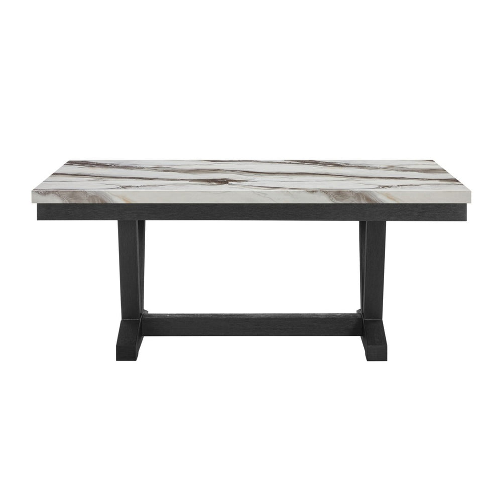 HomeRoots 72" Elegant White Faux Marble Dining Table with Black Wood Trestle Base - Seats 6, Modern Design 654252