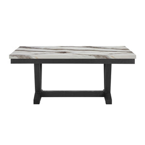 HomeRoots 72" Elegant White Faux Marble Dining Table with Black Wood Trestle Base - Seats 6, Modern Design 654252