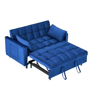 English Elm The 55-inch Blue Velvet Sofa Bed with Tufted Design, 2-Seater Convertible Couch, Durable 500lb Frame W3371P314998