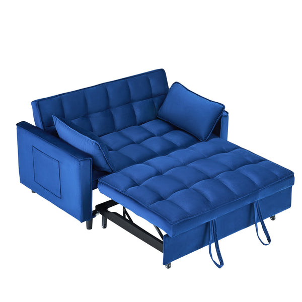 English Elm The 55-inch Blue Velvet Sofa Bed with Tufted Design, 2-Seater Convertible Couch, Durable 500lb Frame W3371P314998