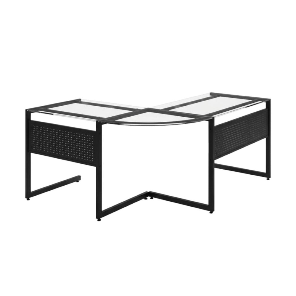 HomeRoots 78" Sleek Clear & Black Glass Corner Computer Desk - Modern Metal Frame, Ergonomic Design & Easy Setup 654255