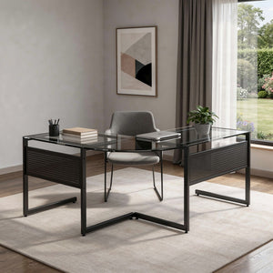 HomeRoots 78" Sleek Clear & Black Glass Corner Computer Desk - Modern Metal Frame, Ergonomic Design & Easy Setup 654255
