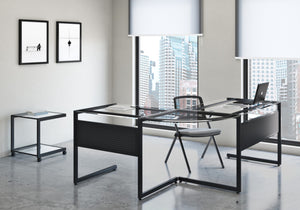 HomeRoots 78" Sleek Clear & Black Glass Corner Computer Desk - Modern Metal Frame, Ergonomic Design & Easy Setup 654255
