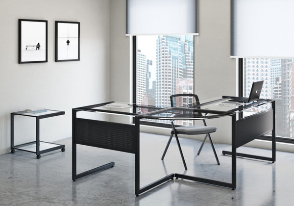 HomeRoots 78" Sleek Clear & Black Glass Corner Computer Desk - Modern Metal Frame, Ergonomic Design & Easy Setup 654255