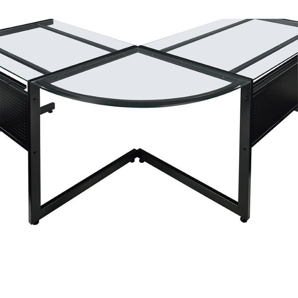 HomeRoots 78" Sleek Clear & Black Glass Corner Computer Desk - Modern Metal Frame, Ergonomic Design & Easy Setup 654255