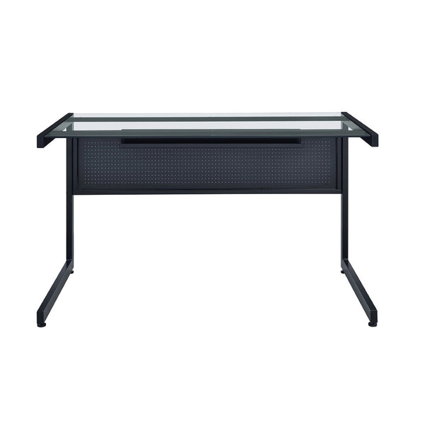 HomeRoots 78" Sleek Clear & Black Glass Corner Computer Desk - Modern Metal Frame, Ergonomic Design & Easy Setup 654255