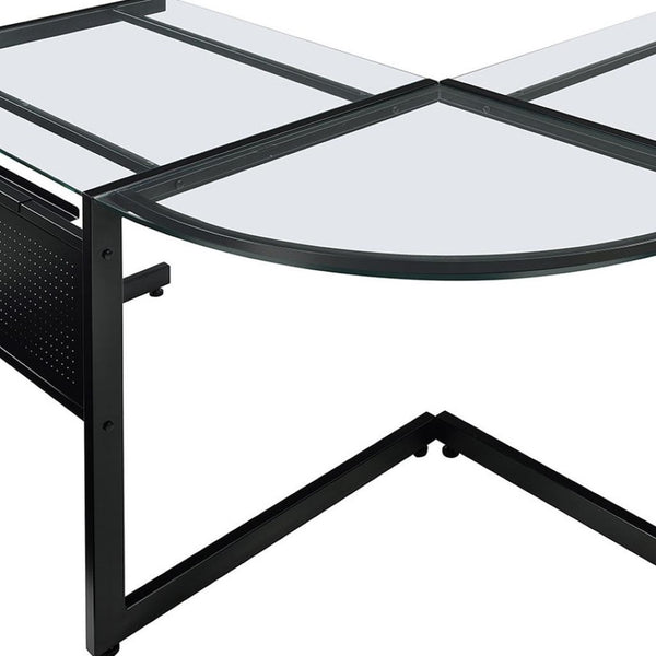 HomeRoots 78" Sleek Clear & Black Glass Corner Computer Desk - Modern Metal Frame, Ergonomic Design & Easy Setup 654255
