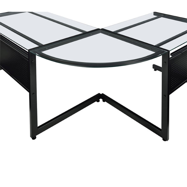 HomeRoots 78" Sleek Clear & Black Glass Corner Computer Desk - Modern Metal Frame, Ergonomic Design & Easy Setup 654255