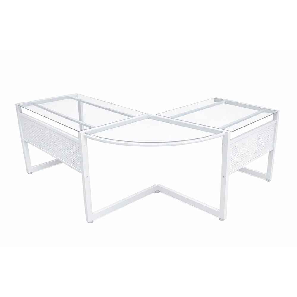 HomeRoots 78" Sleek Clear Glass and Metal Corner Computer Desk for Modern Home Office and Professional Spaces 654256