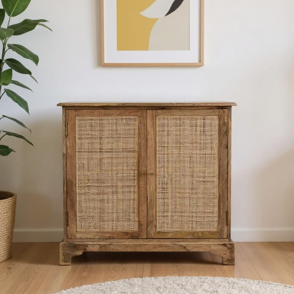 HomeRoots 34" Handcrafted Brown Solid Wood Rattan Accent Cabinet - Stylish Storage for Boho-Rustic Homes 654264