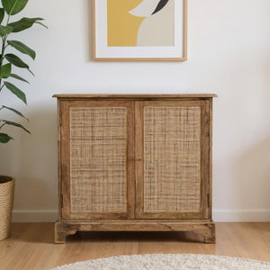HomeRoots 34" Handcrafted Brown Solid Wood Rattan Accent Cabinet - Stylish Storage for Boho-Rustic Homes 654264