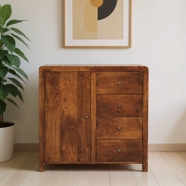 HomeRoots 32" Rustic Brown Distressed Mango Wood Accent Cabinet with 4 Drawers & Storage Door - Unique Charm! 654266