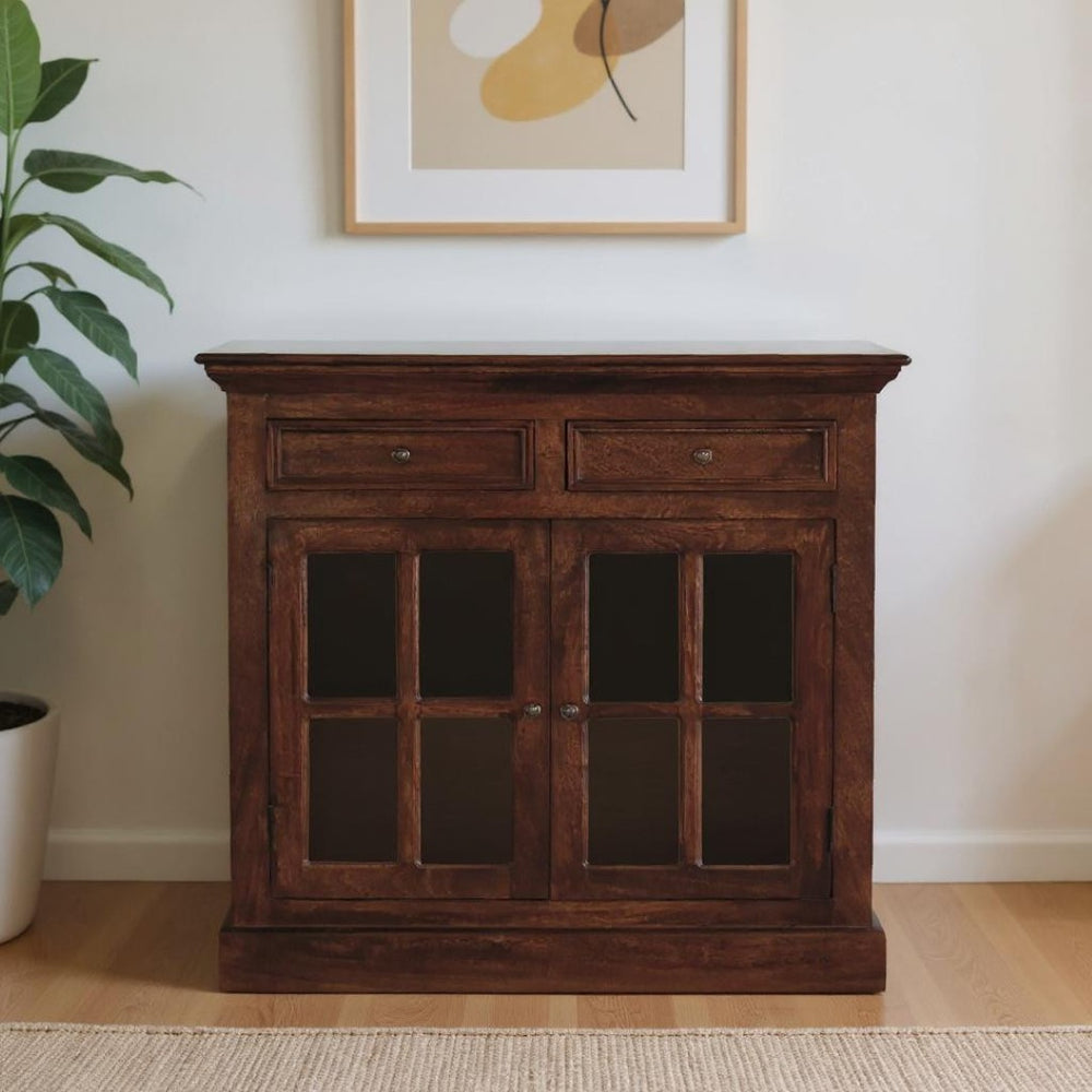HomeRoots 35" Brown Distressed Solid Wood Accent Cabinet - Stylish Storage with Glass Doors & Artisan Charm 654268