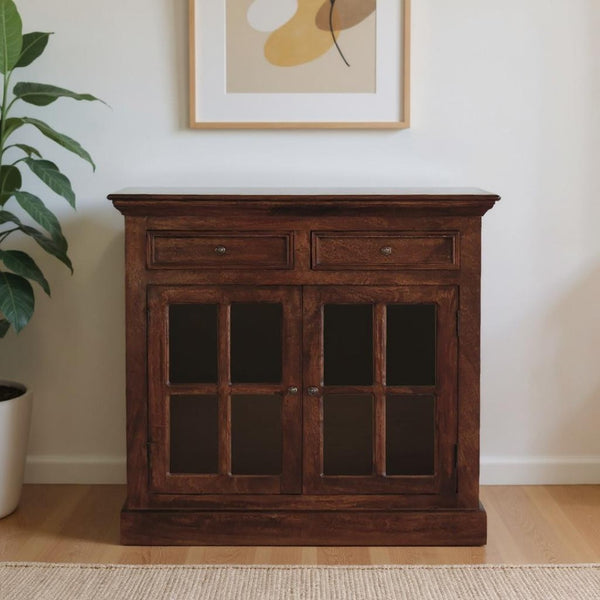 HomeRoots 35" Brown Distressed Solid Wood Accent Cabinet - Stylish Storage with Glass Doors & Artisan Charm 654268