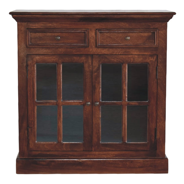 HomeRoots 35" Brown Distressed Solid Wood Accent Cabinet - Stylish Storage with Glass Doors & Artisan Charm 654268