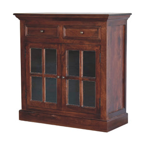 HomeRoots 35" Brown Distressed Solid Wood Accent Cabinet - Stylish Storage with Glass Doors & Artisan Charm 654268