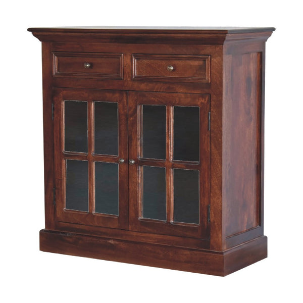 HomeRoots 35" Brown Distressed Solid Wood Accent Cabinet - Stylish Storage with Glass Doors & Artisan Charm 654268