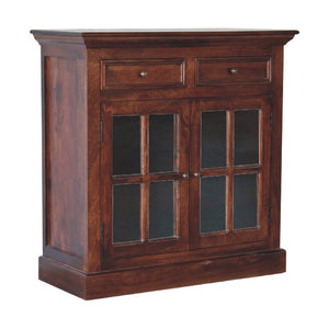 HomeRoots 35" Brown Distressed Solid Wood Accent Cabinet - Stylish Storage with Glass Doors & Artisan Charm 654268