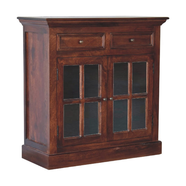 HomeRoots 35" Brown Distressed Solid Wood Accent Cabinet - Stylish Storage with Glass Doors & Artisan Charm 654268