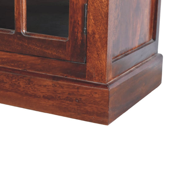 HomeRoots 35" Brown Distressed Solid Wood Accent Cabinet - Stylish Storage with Glass Doors & Artisan Charm 654268