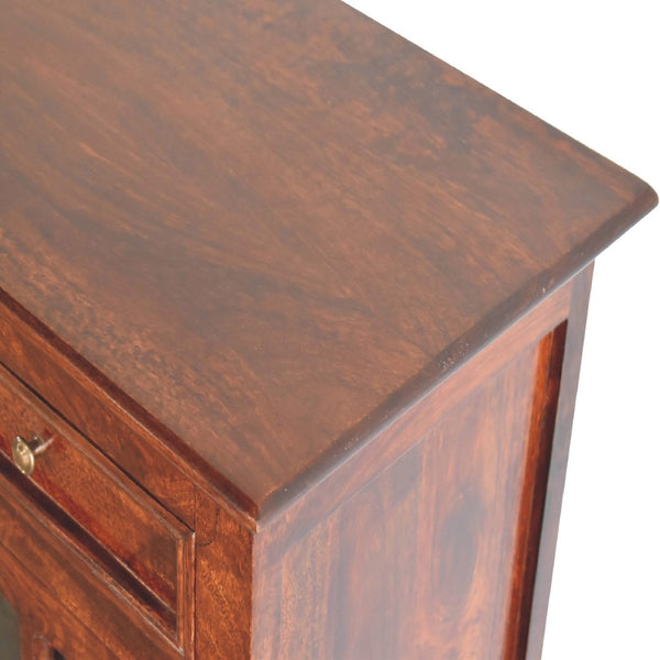 HomeRoots 35" Brown Distressed Solid Wood Accent Cabinet - Stylish Storage with Glass Doors & Artisan Charm 654268