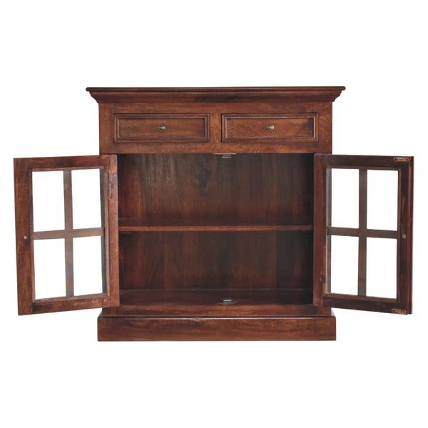 HomeRoots 35" Brown Distressed Solid Wood Accent Cabinet - Stylish Storage with Glass Doors & Artisan Charm 654268