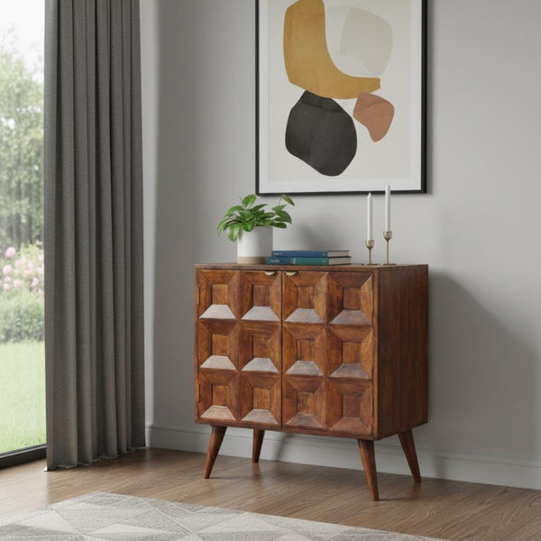 HomeRoots 32" Chestnut Accent Cabinet - Solid Mango Wood Storage with Two Doors for Modern Rustic Charm 654275