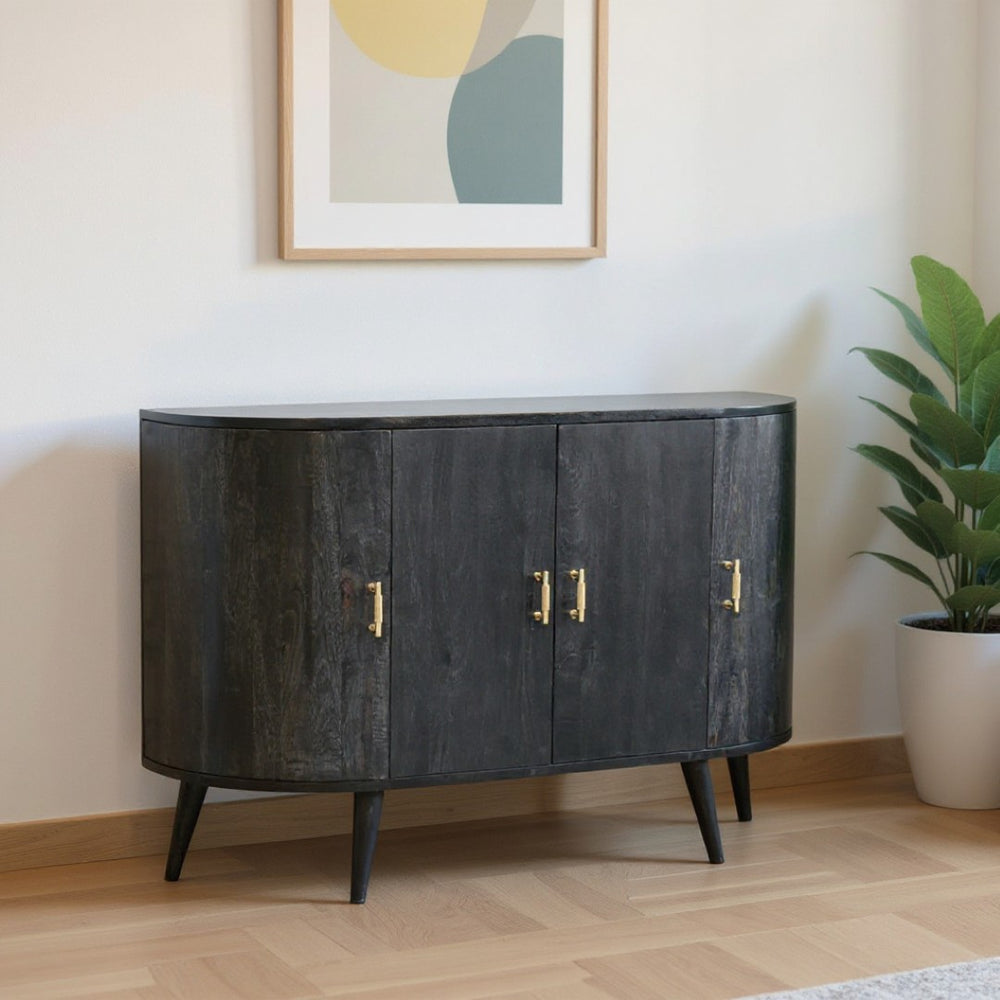 HomeRoots 32" Rustic Modern Charcoal Distressed Solid Wood Accent Cabinet With Four Doors for Stylish Storage 654276